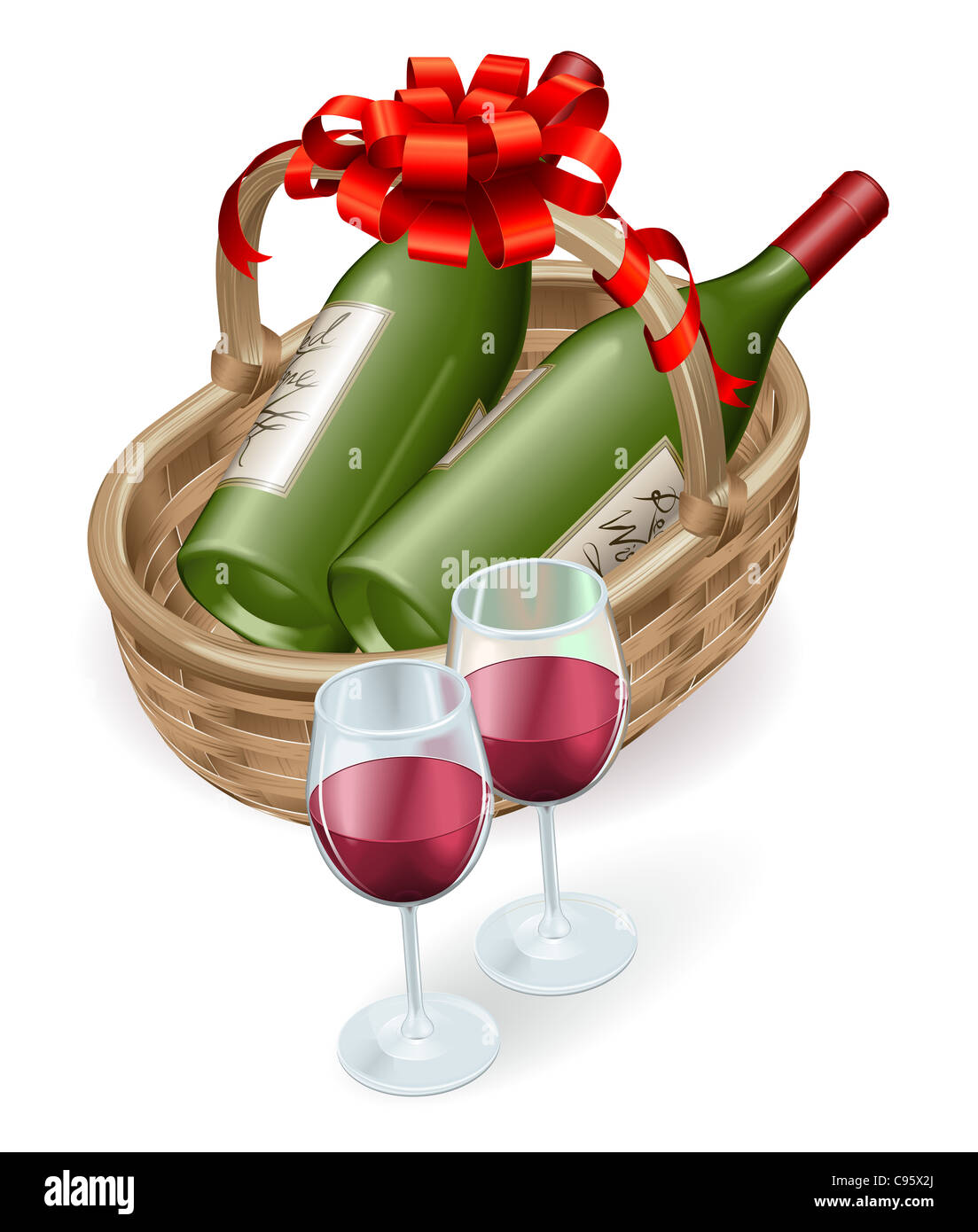 Illustration von Wein von Weidenkorb mit Flasche Rotwein und Gläsern und Dekoration Band und Schleife. Stockfoto