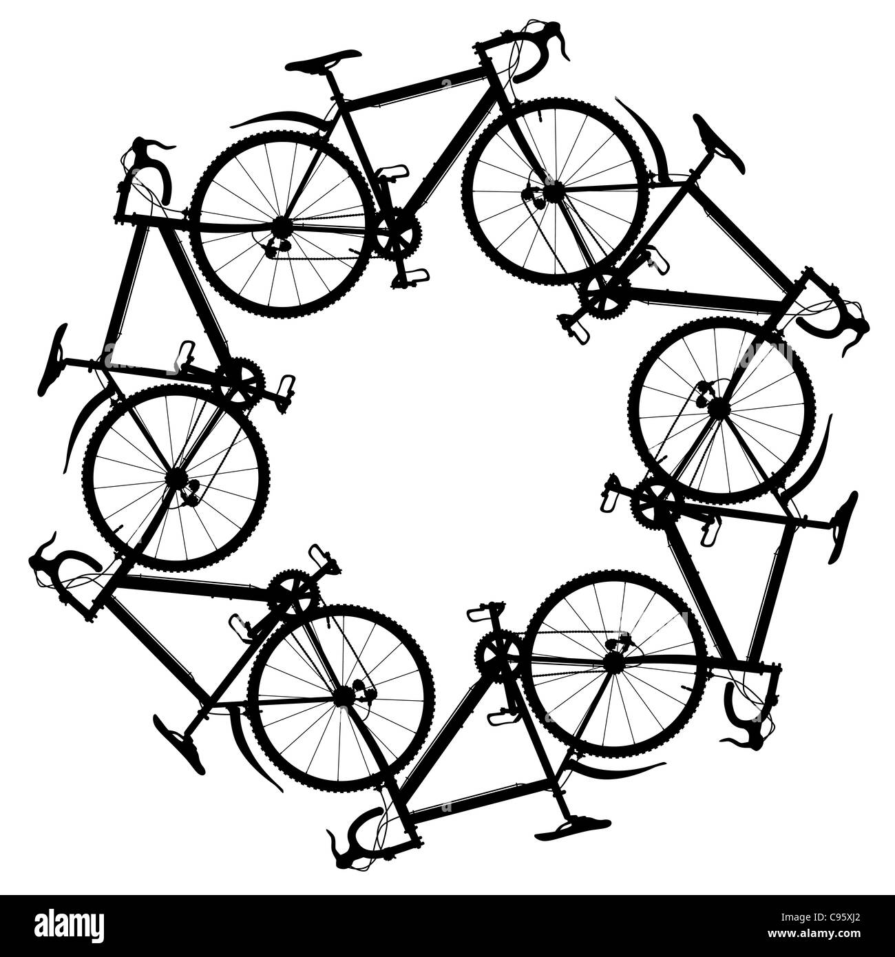 Darstellung der sechs generische Fahrrad Silhouetten stiess einen sechseckigen ring Stockfoto