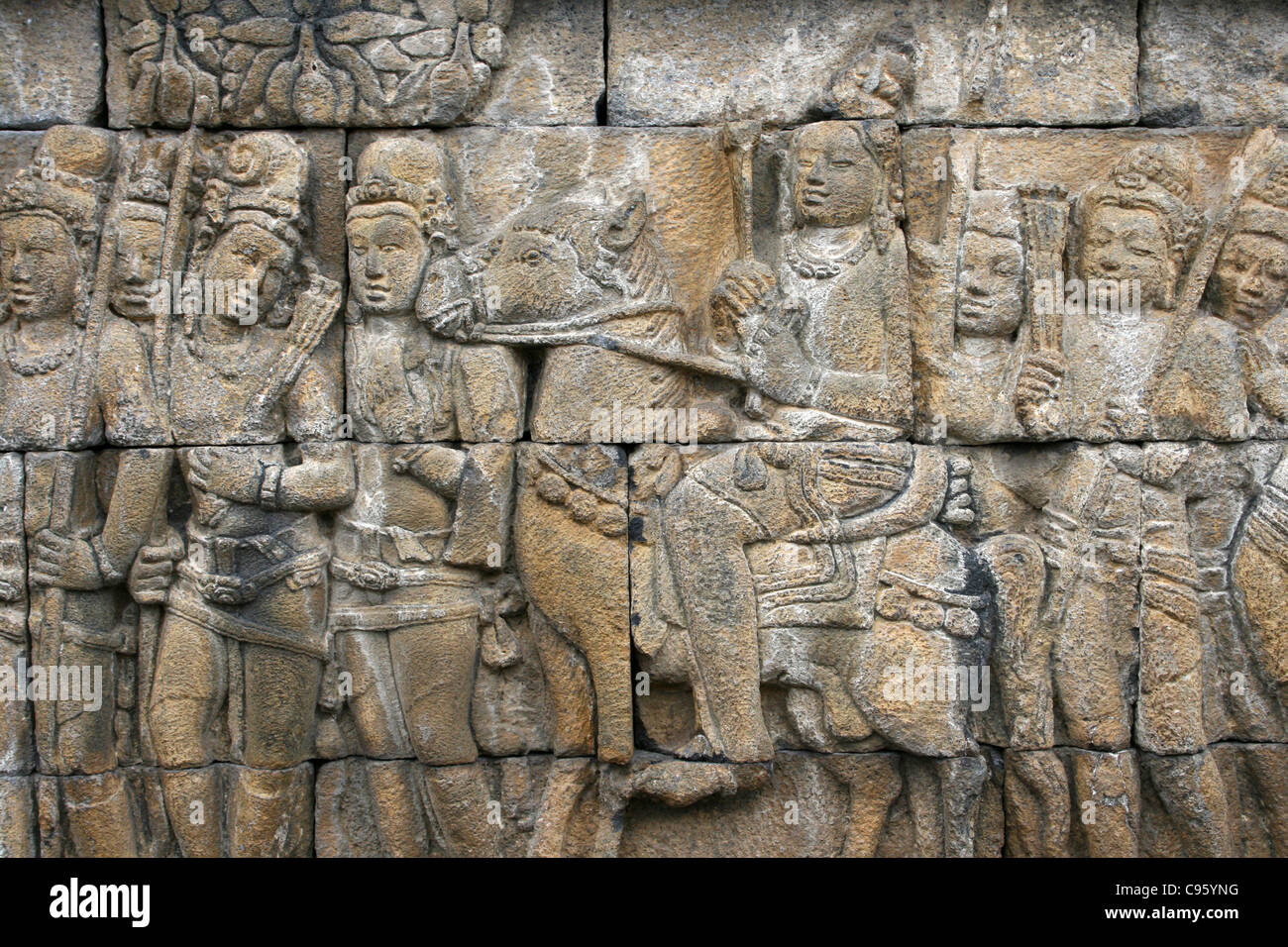 Basrelief Steinbildhauerei, Borobudur-Tempel, Java Stockfoto