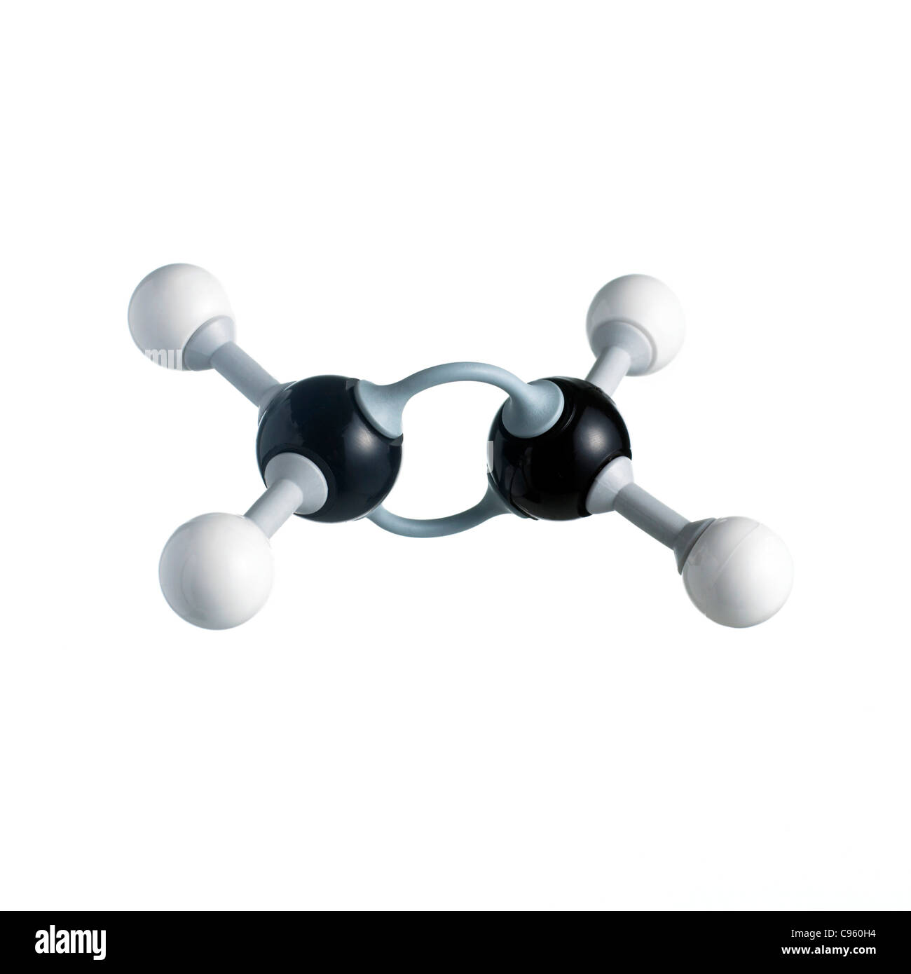 Ethen-Molekül. Atome als Kugeln dargestellt werden und sind farblich gekennzeichnet: Kohlenstoff (schwarz) und Wasserstoff (weiß). Stockfoto