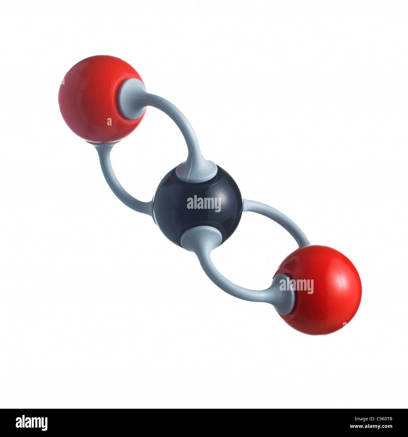 Kohlendioxid-Molekül. Atome als Kugeln dargestellt werden und sind farblich gekennzeichnet: Kohlenstoff (schwarz) und Sauerstoff (rot). Stockfoto