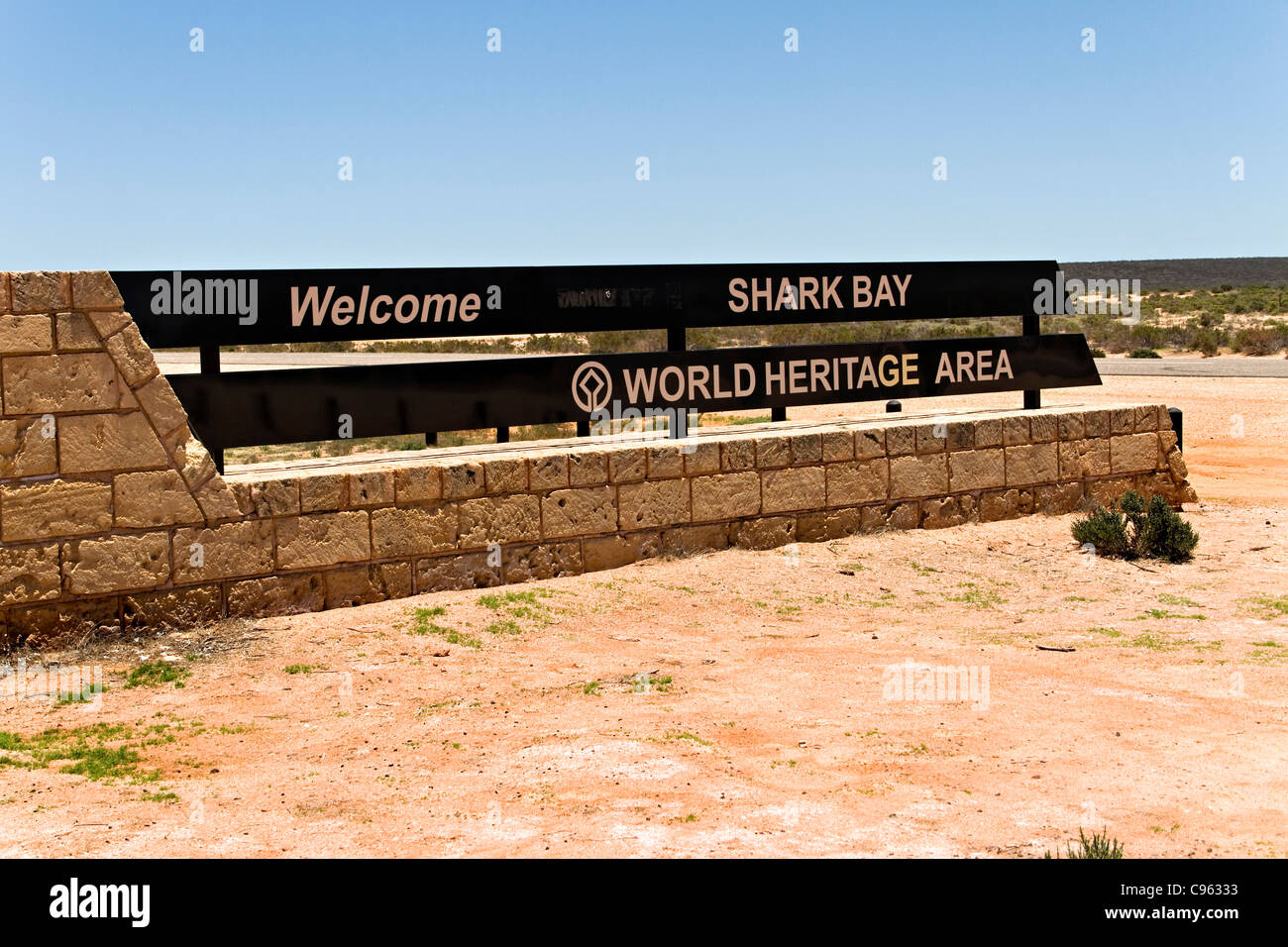 Shark Bay Welterbe Willkommen Schild, Nordwest Australien Stockfoto