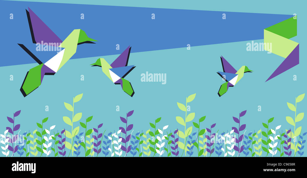 Origami Kolibri Gruppe im Hintergrund Blumen leuchtende Farben. Vektor-Datei zur Verfügung. Stockfoto