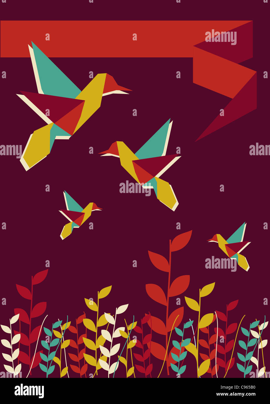 Origami Kolibri Zeit Burgund Federausführung. Vektor-Datei zur Verfügung. Stockfoto