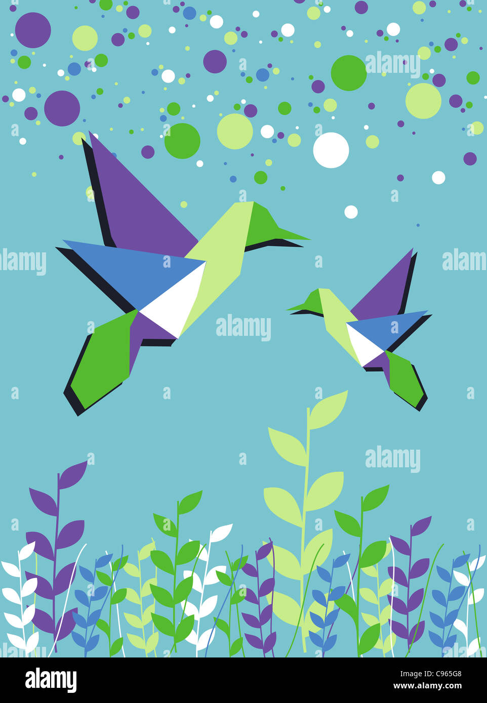 Origami-Kolibri-paar in blauen Farben Paletten-Hintergrund. Vektor-Datei zur Verfügung. Stockfoto