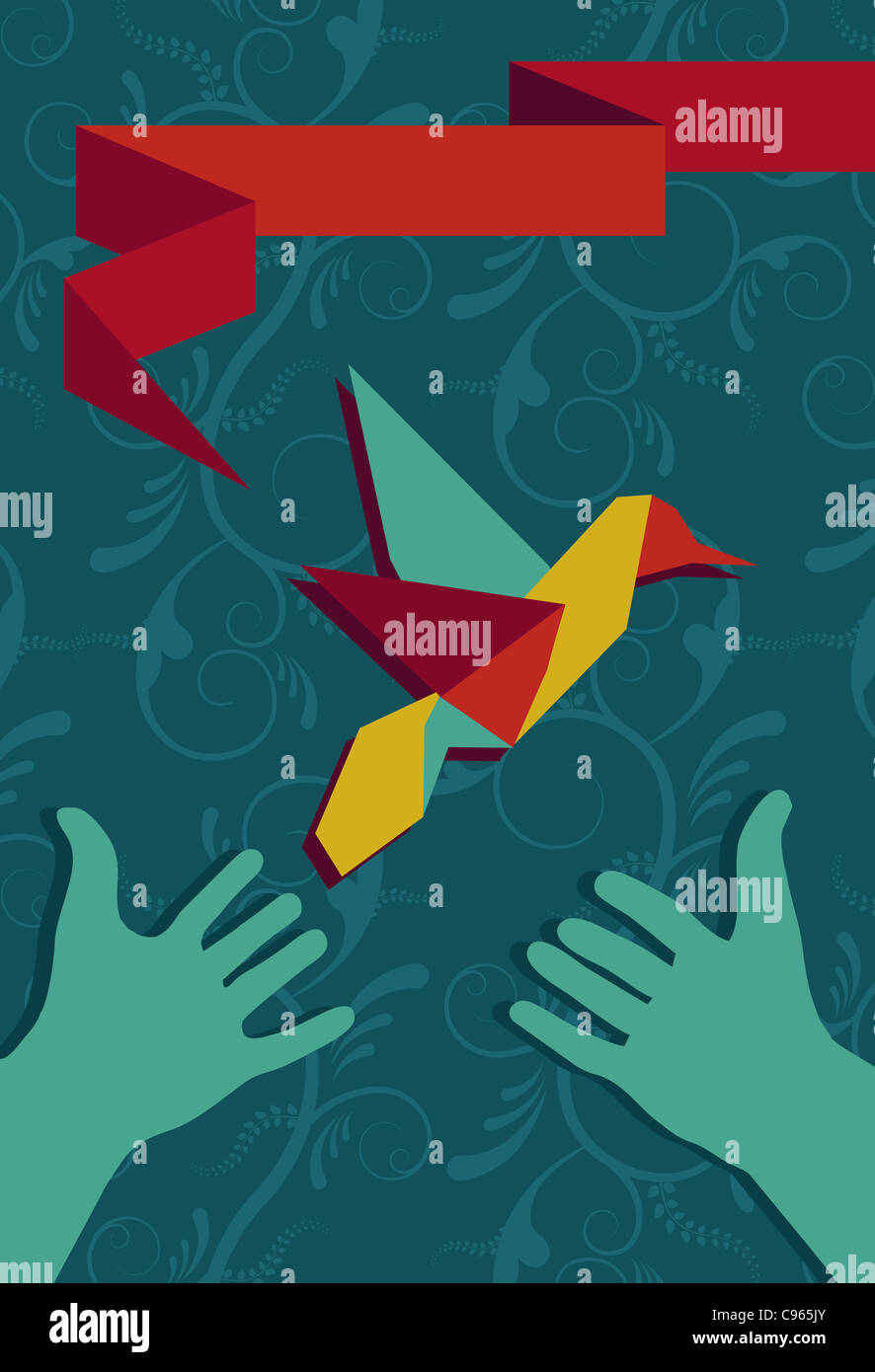 Origami-Kolibri-Grußkarte und schützende Hände im Porträt Zusammensetzung. Vektor-Datei zur Verfügung. Stockfoto