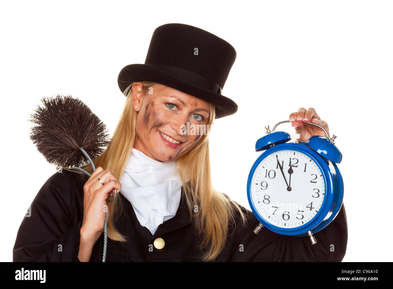 Frau als ein Schornsteinfeger. Glücksbringer zu Silvester und Neujahr. Stockfoto