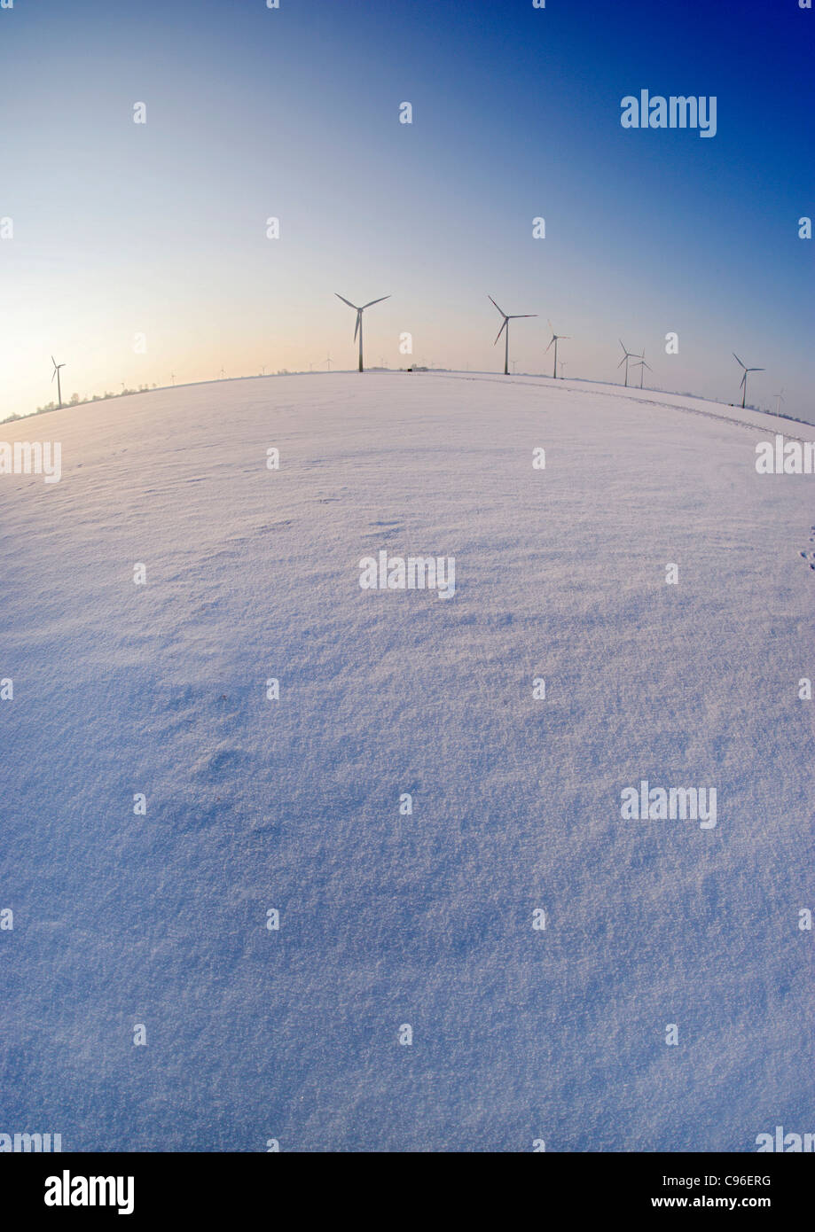 Windmühlen, Schnee, Winter, Kronprinzenkoog Dorf, Bezirk Kreis Dithmarschen, Schleswig-Holstein, Deutschland, Europa Stockfoto