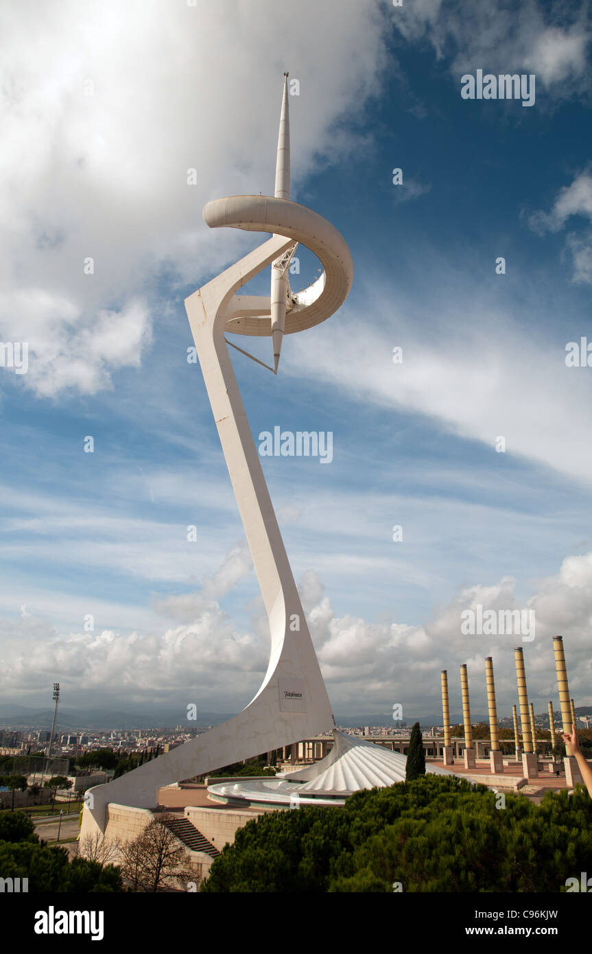 Montjuïc Fernmeldeturm, Barcelona Olympics Park, Spanien.  Von Santiago Calatrava entworfen Stockfoto