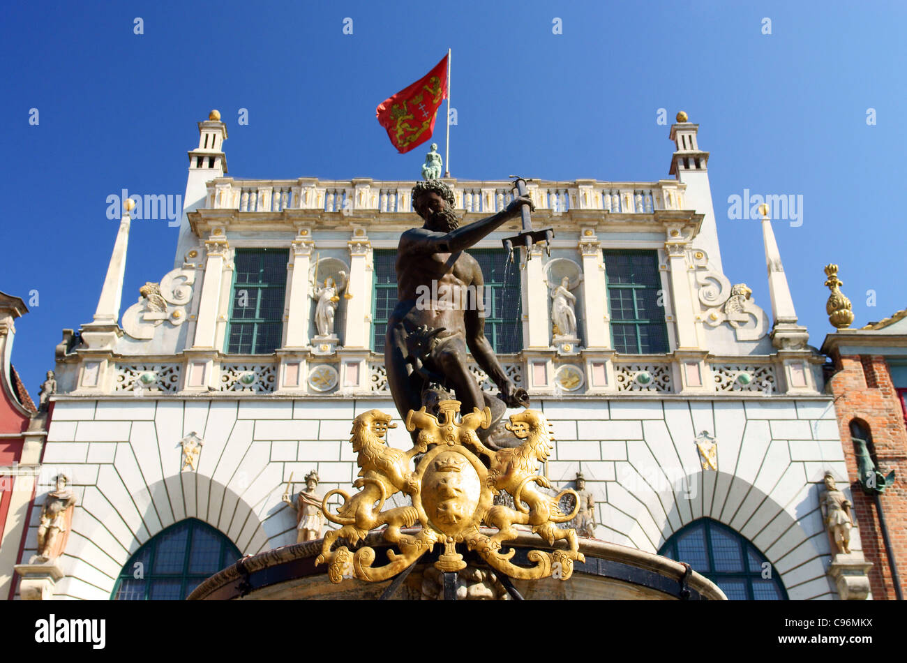 Brunnen von Neptun-Statue auf Altstadt in Danzig, Danzing. Stockfoto