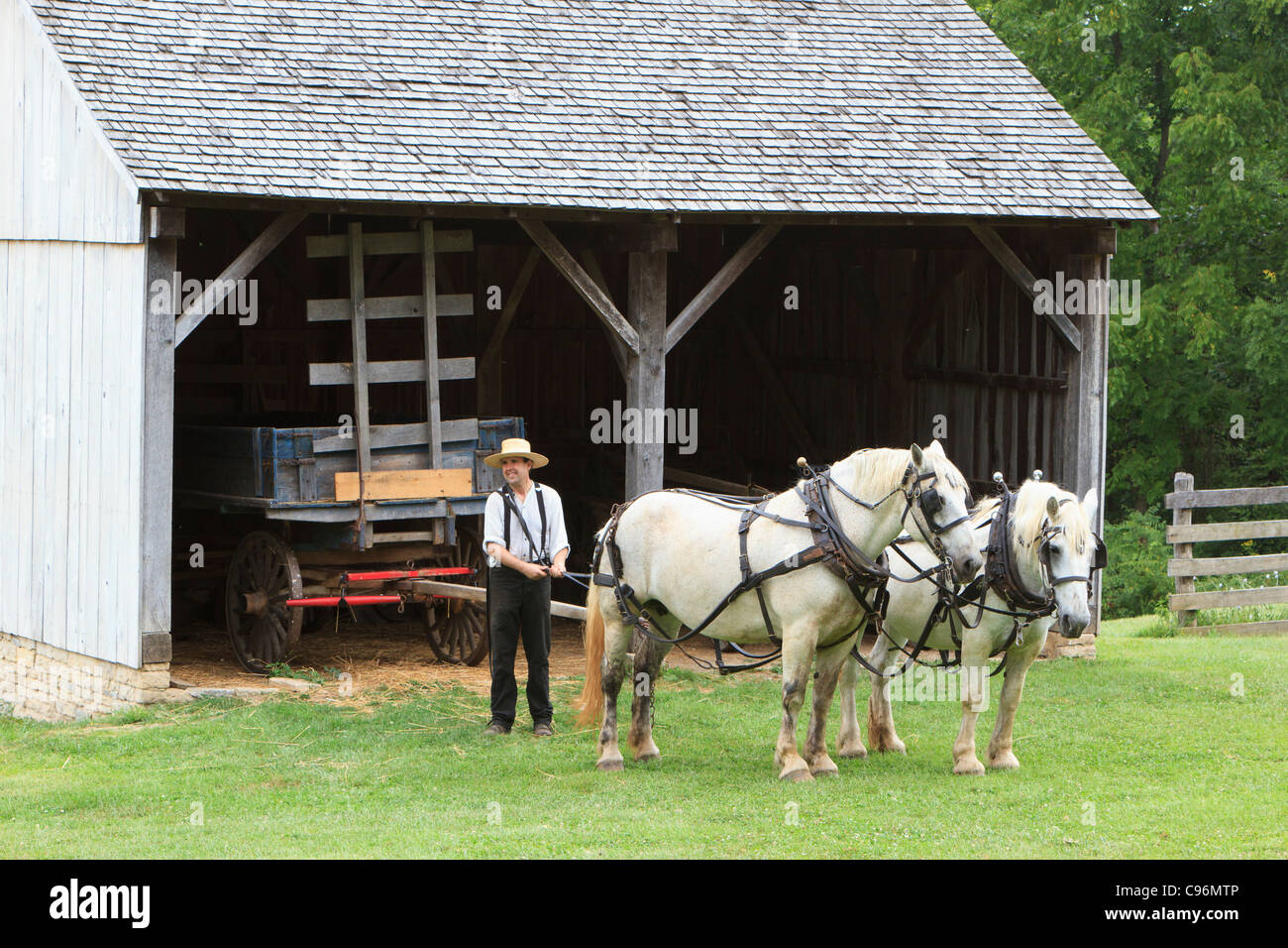 Bauer mit Pferd Team und Ausrüstung, einen Wagen zu ziehen. Stockfoto