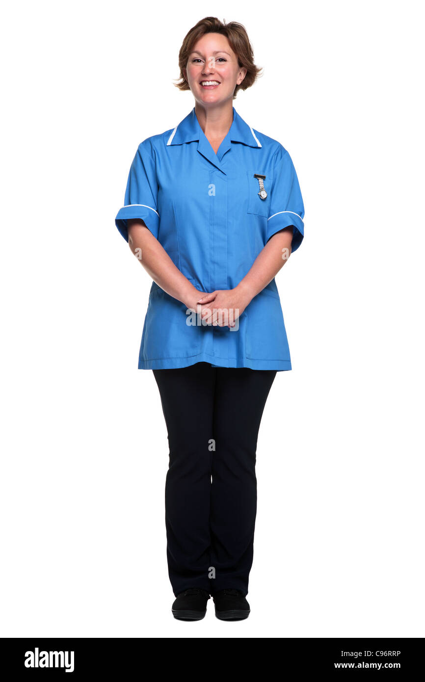 Foto von einer Krankenschwester in Uniform auf einem weißen Hintergrund isoliert. Stockfoto