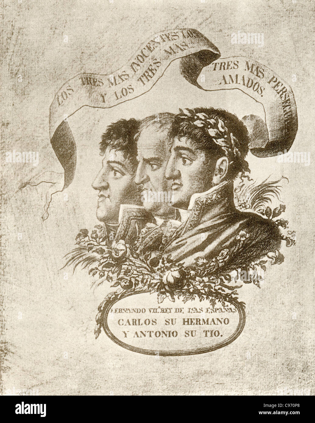 Ferdinand VII. von Borbón, Antonio Pascual de Borbón y wettiner und Carlos María Isidro Benito de Borbón y Borbón-Parma, Stockfoto