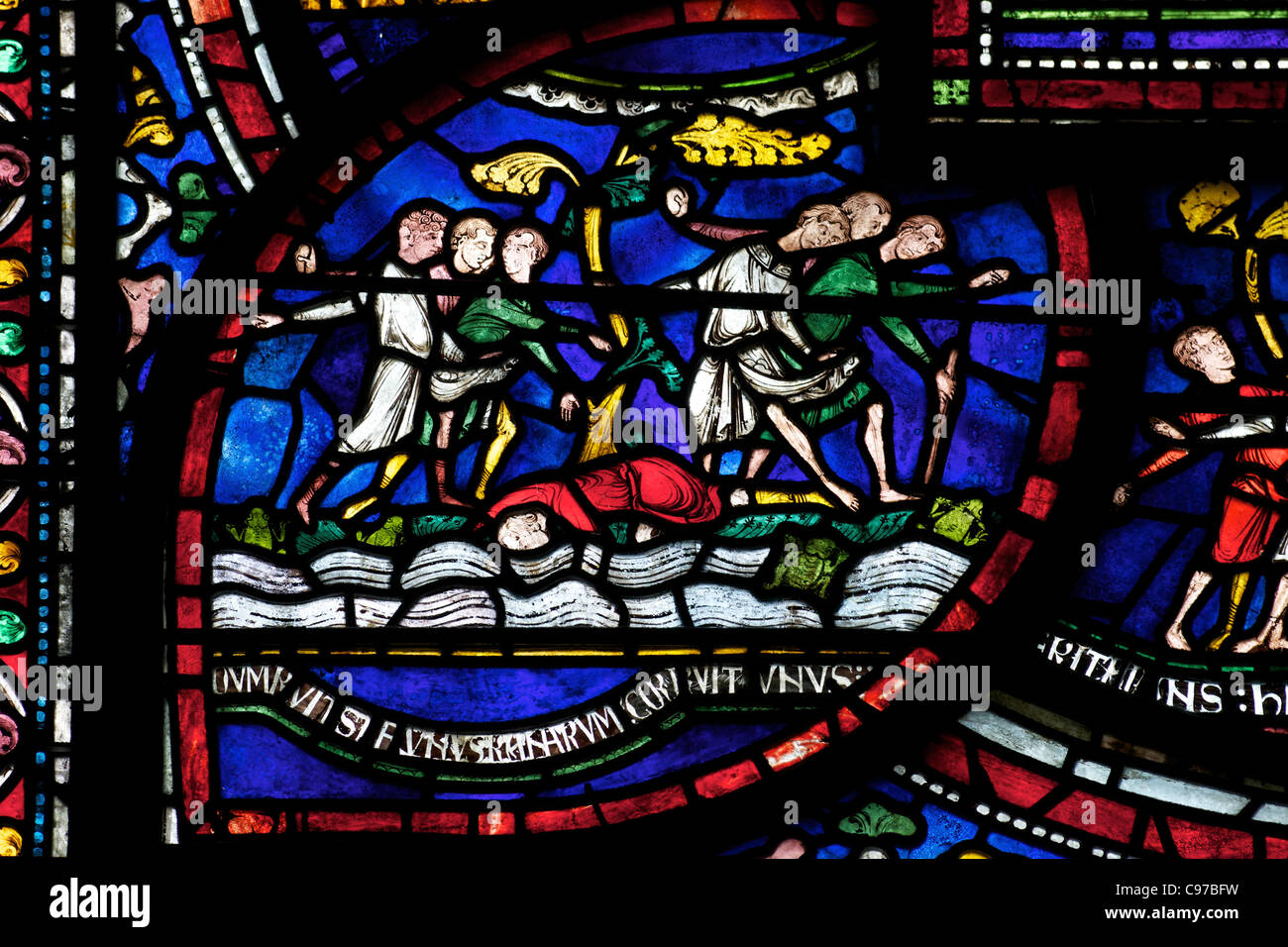 Philip Schotte und die Frösche, Becket Wunder Fenster 6, Trinitatiskapelle ambulante, mittelalterliche Glasmalerei, Canterbury Kathedrale Kent Stockfoto