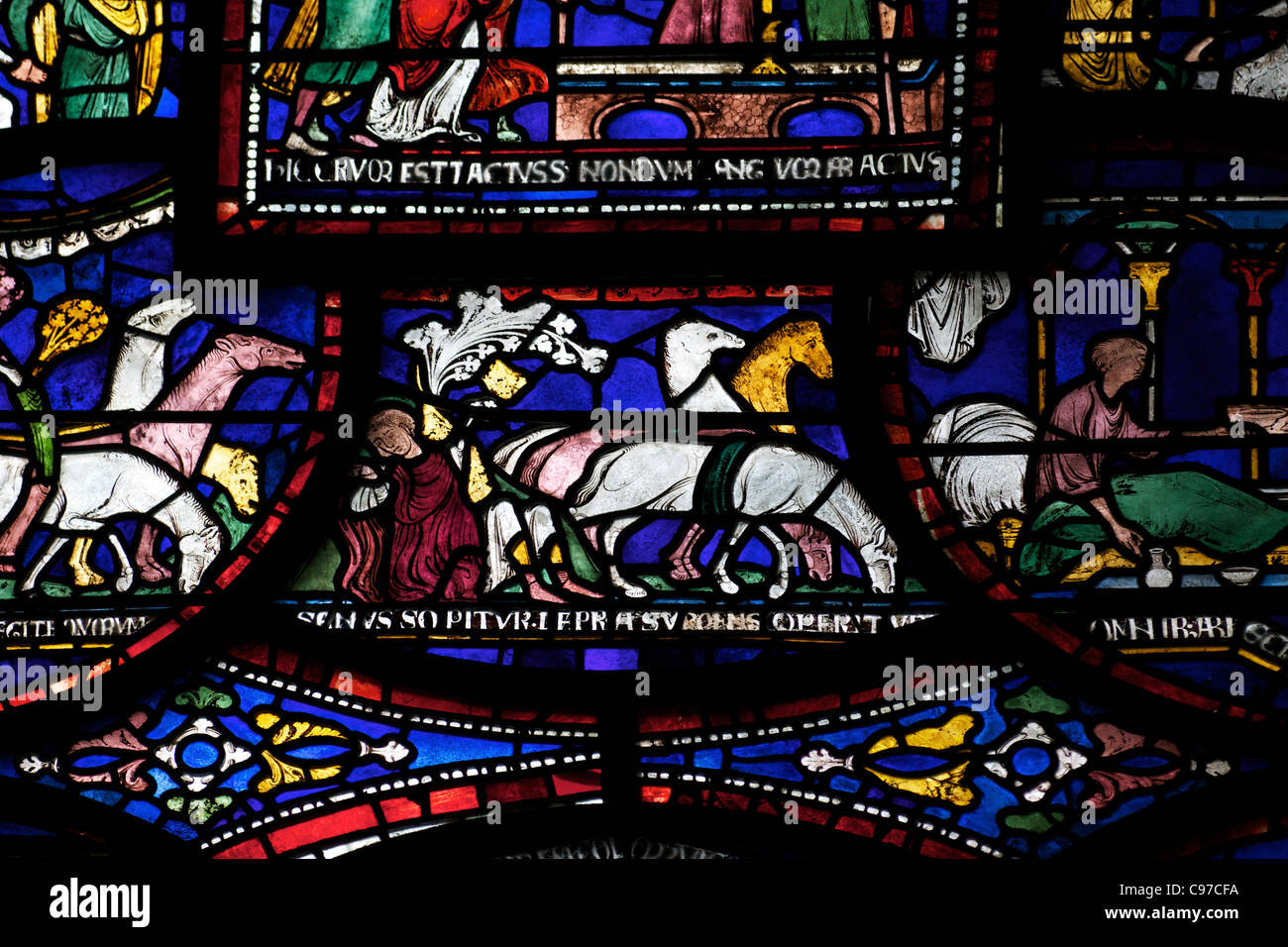 Heilung von Richard Sunieve, Becket Wunder Fenster 6, Trinity Chapel ambulante, mittelalterliche Glasmalerei Canterbury Kathedrale Kent Stockfoto