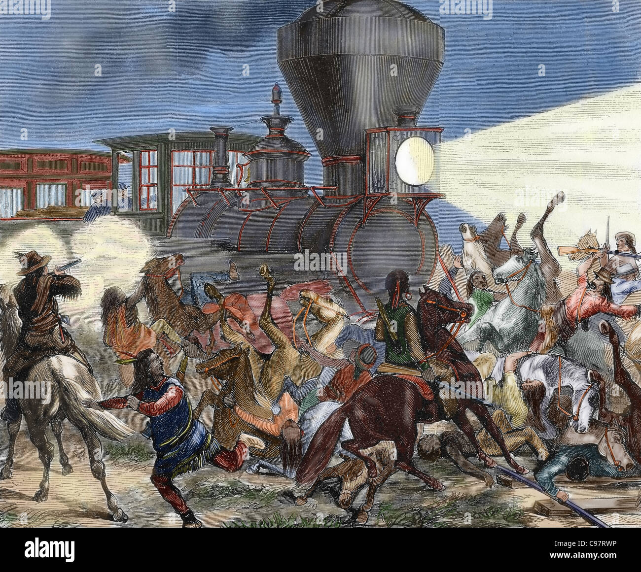 Geschichte des amerikanischen Westens. Des neunzehnten Jahrhunderts. Union Pacific Zug am 14. Juni 1870 von Indianern angegriffen. Stockfoto