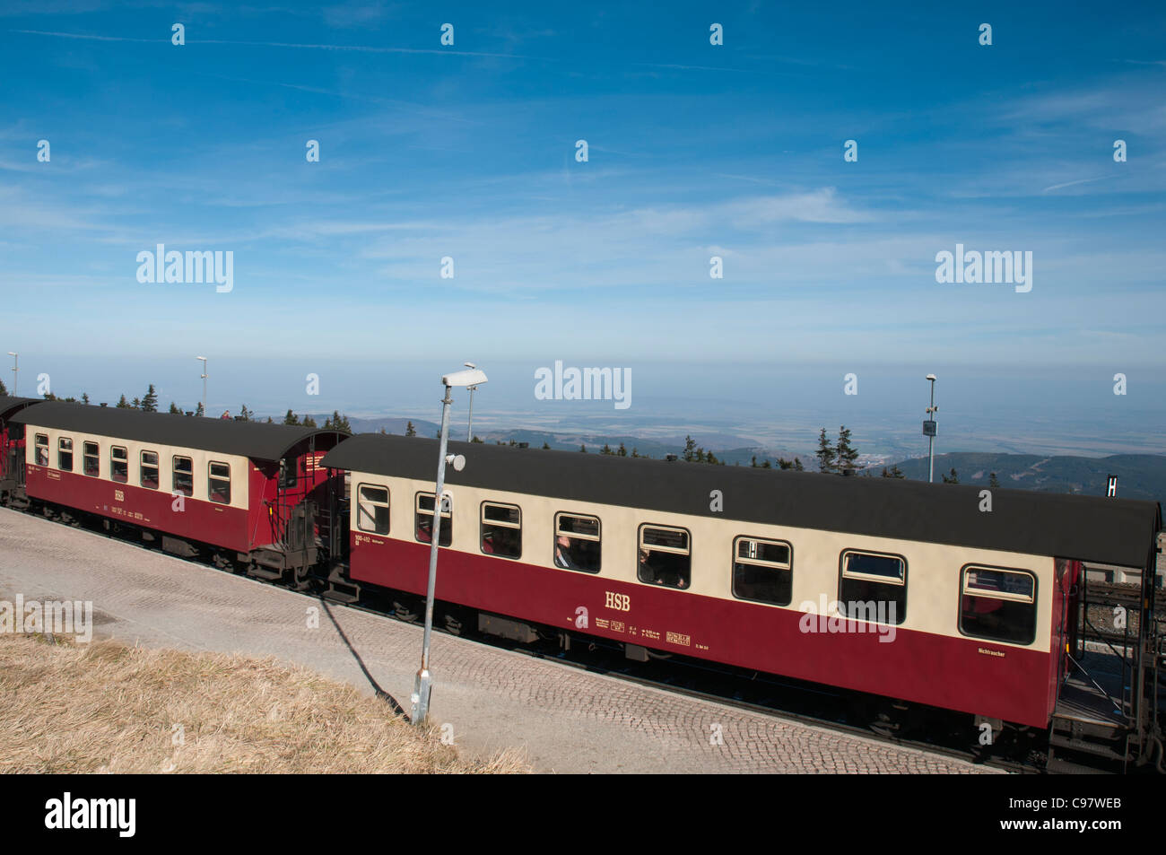 Brockenbahn auf den Gipfel des Brocken, Harzer Schmalspurbahnen, Sachsen-Anhalt, Deutschland, Europa Stockfoto