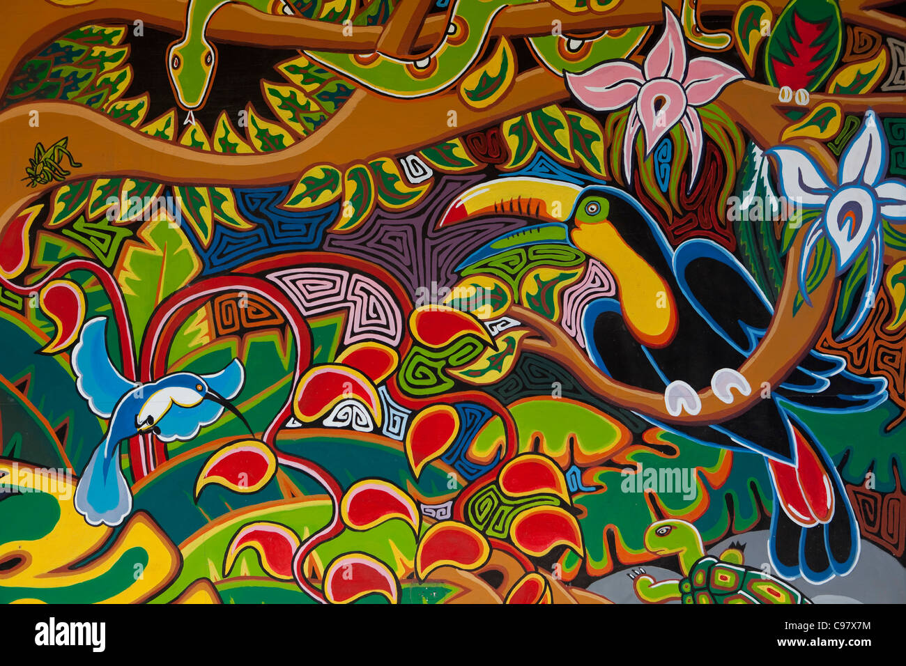 Bunte Wandbild Darstellung Costa Rica Tierwelt außerhalb Souvenir Shop, Cebadilla, Puntarenas, Costa Rica, Mittelamerika, Amerika Stockfoto