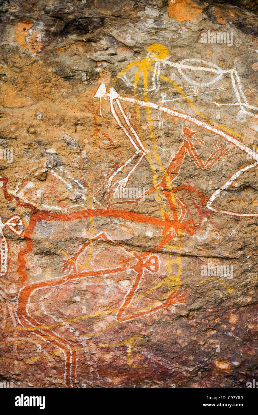 Indigene Felszeichnungen am Nourlangie.  Kakadu-Nationalpark, Northern Territory, Australien Stockfoto