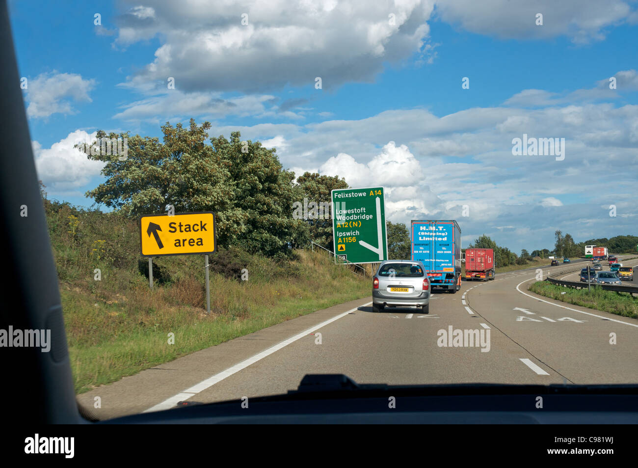 Fahren Richtung Osten A14 Lkw unterwegs, Ipswich, Suffolk, UK. Stockfoto