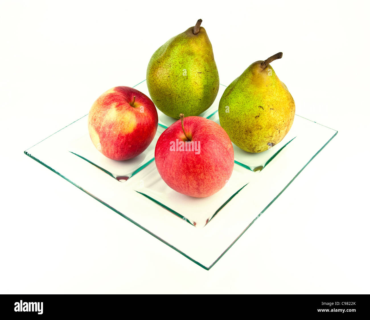 Früchte auf Glasplatte. Stockfoto