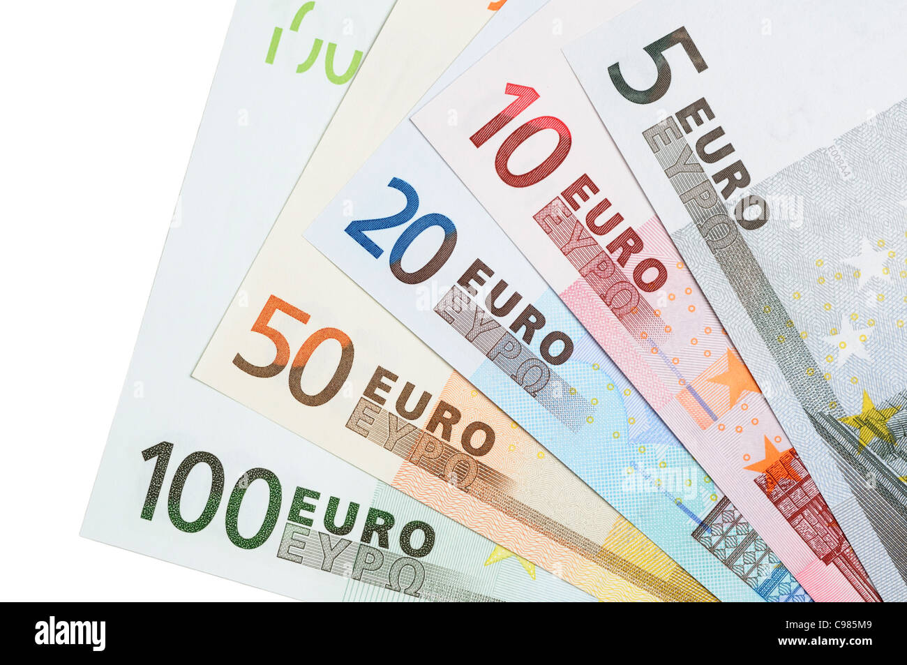 Euro-Banknoten in verschiedenen Stückelungen Stockfoto