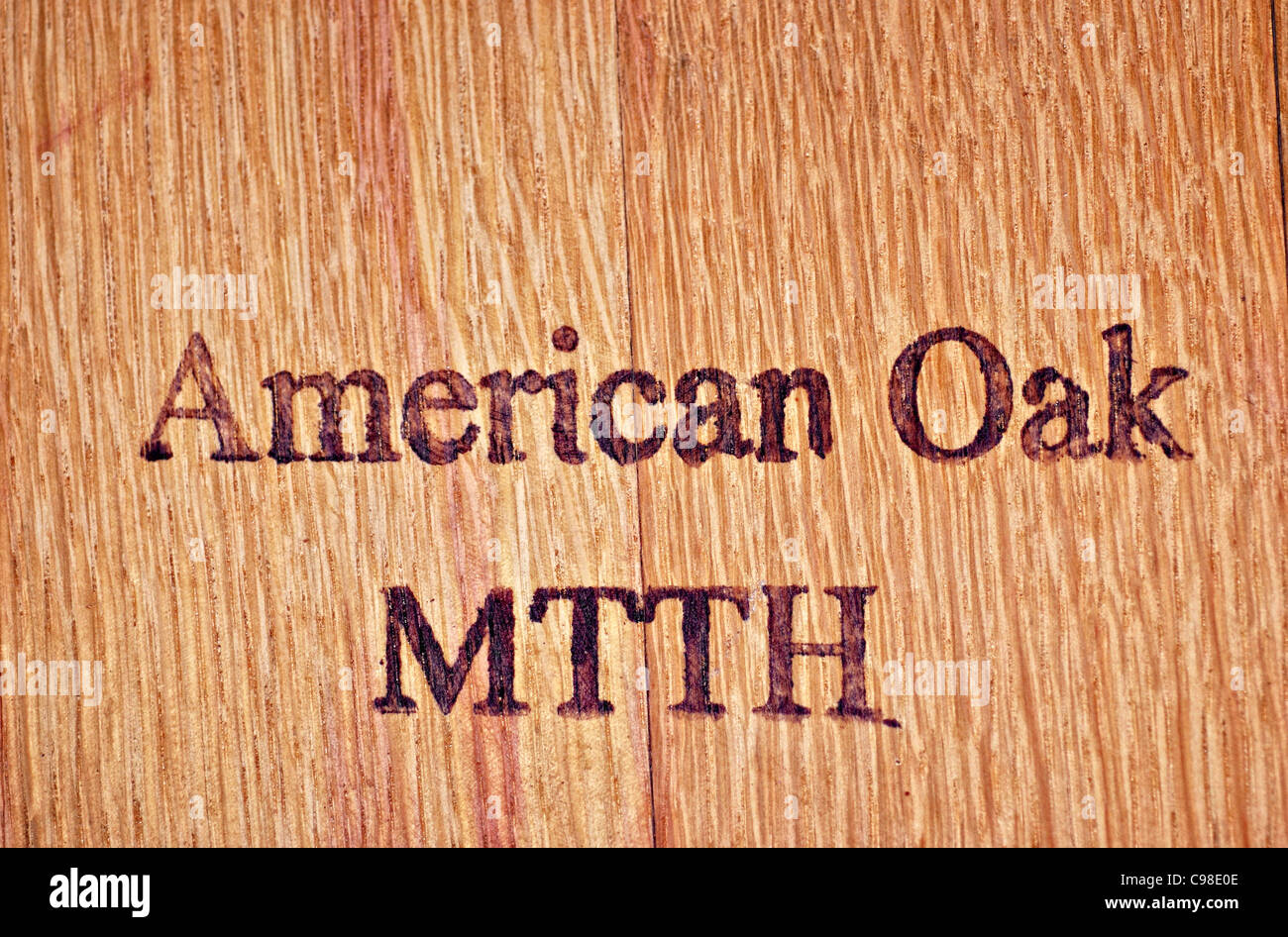Amerikanische Eiche MTTH Stempel auf Weinfass Stockfoto