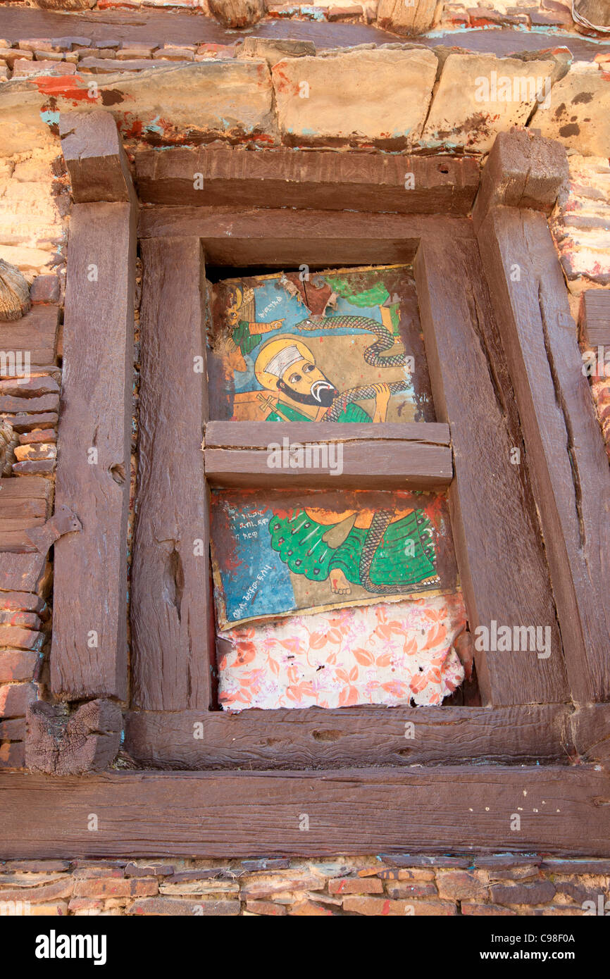 Detail der ursprünglichen Aksumite Architektur der Abuna Aregawi Kirche am Berg Kloster Debre Damo in Äthiopien. Stockfoto