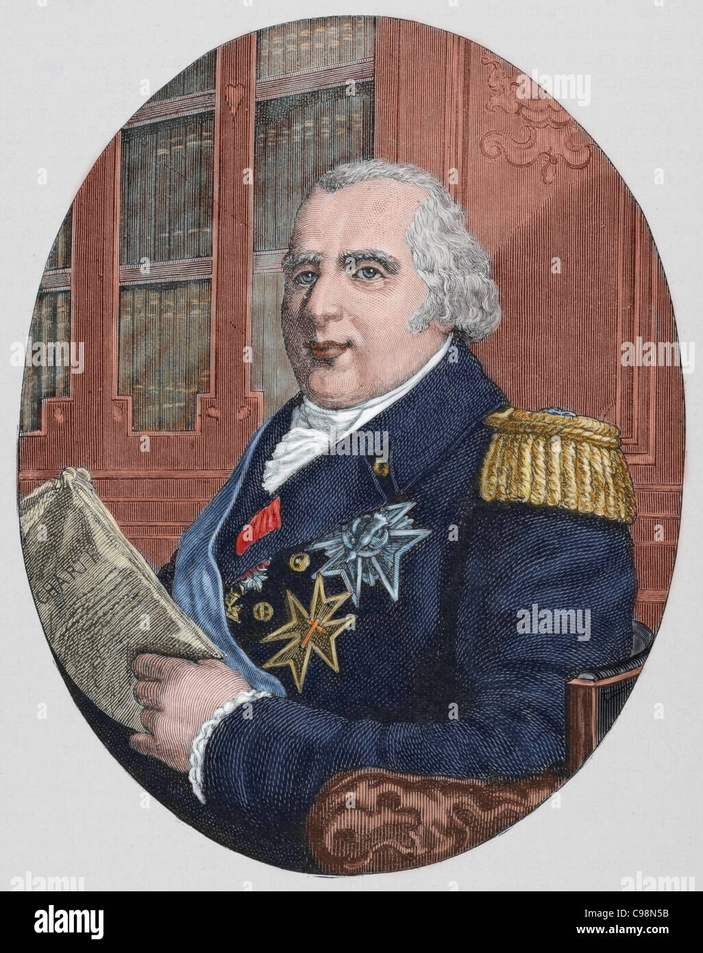 Louis XVIII (1755-1824). König von Frankreich von 1814 / 15 und 1815-24. Bruder von Ludwig XVI. Farbige Gravur. Stockfoto