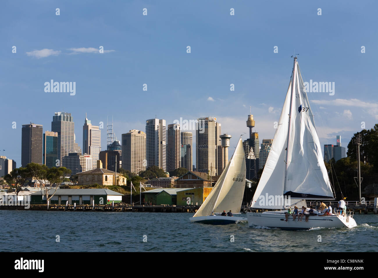 Yachten, Segeln im Hafen von Sydney mit der Stadt Skyline im Hintergrund.  Sydney, New South Wales, Australien Stockfoto