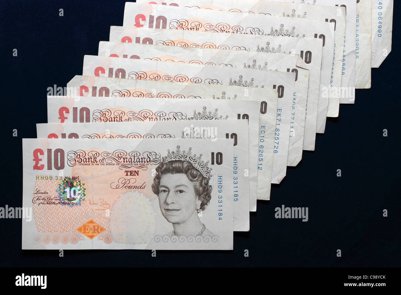 £10 Noten verteilt Stockfoto