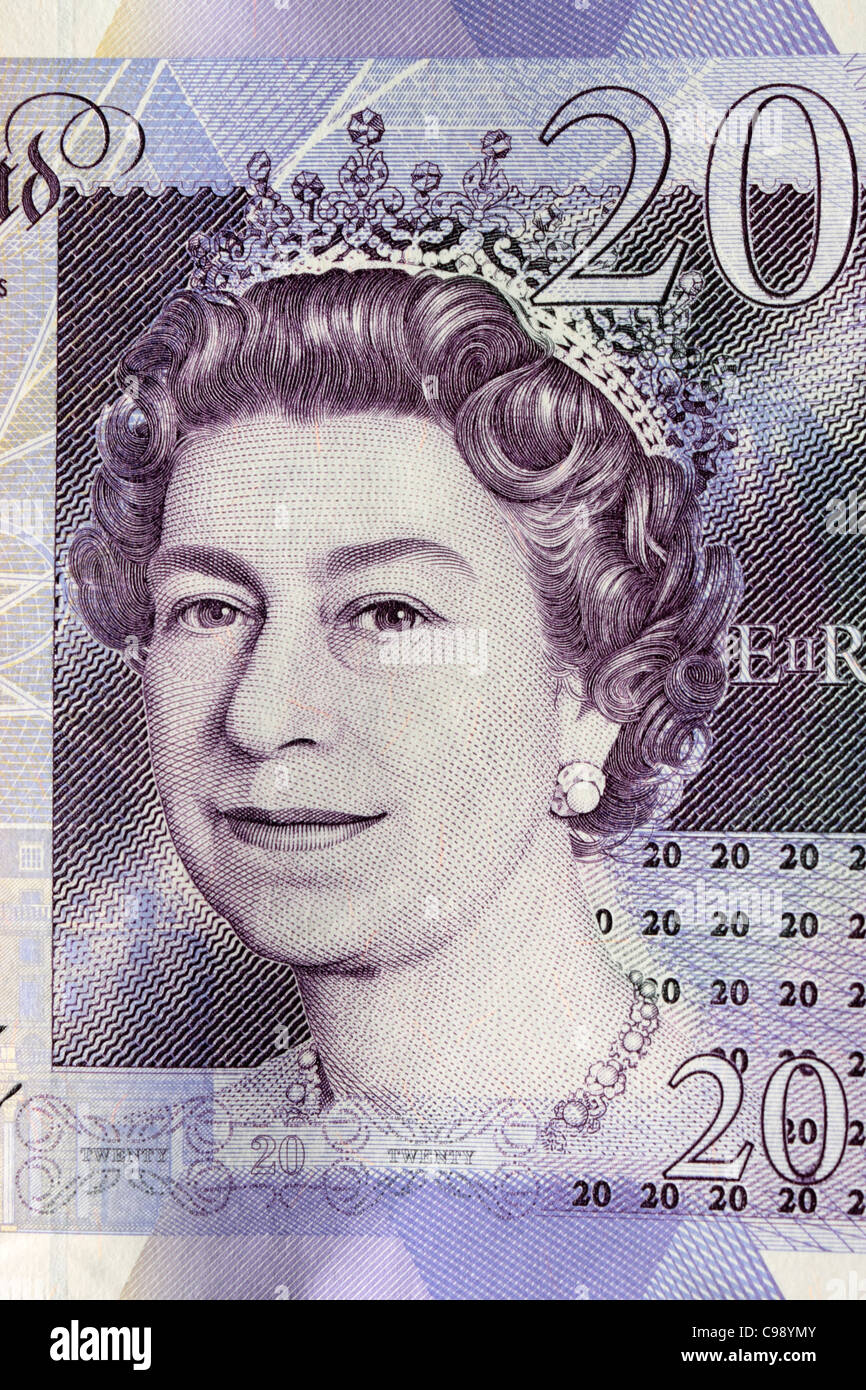 £20 Hinweis Close Up zeigt die Königinnen Kopf Stockfoto