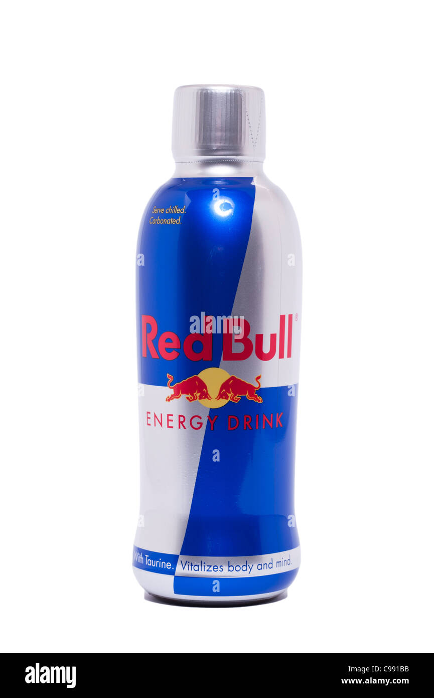 Eine Flasche Red Bull Energy Drink auf weißem Hintergrund Stockfoto