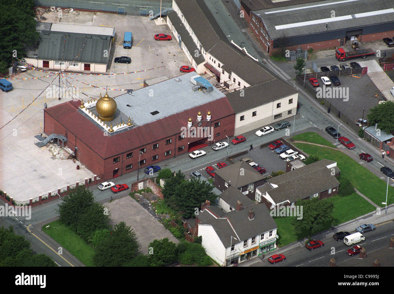 Luftaufnahme von Guru Nanak Sikh-Tempel in Duncan Street Wolverhampton Stockfoto
