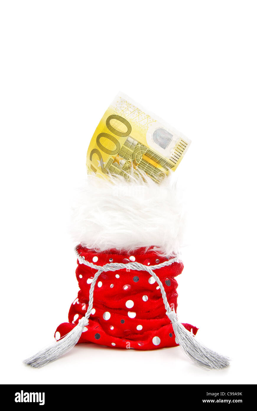 Euro-Schein in einer roten Geschenk-Tasche isoliert auf weißem Hintergrund Stockfoto