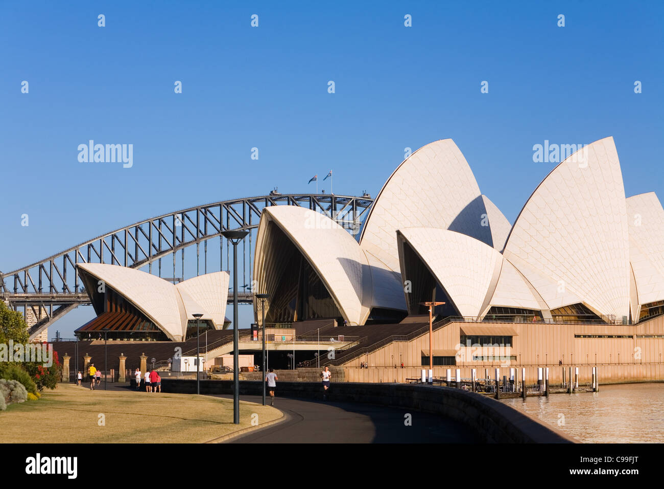 Blick entlang der Küste bei den Royal Botanic Gardens, dem Opera House und Harbour Bridge. Sydney, New South Wales, Australien Stockfoto