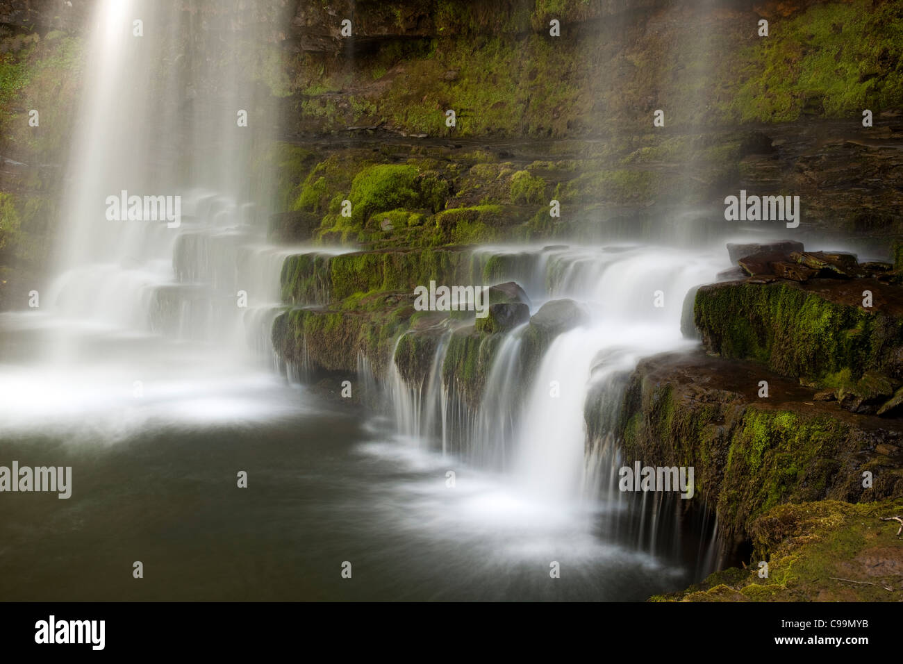 Wald, Fluss und Wasserfall, Brecon Beacons National Park, Wales Stockfoto