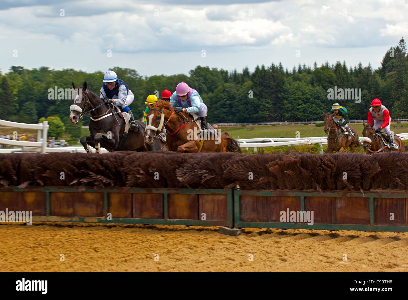 Pferderennen im Hippodrome de Pompadour Stockfoto