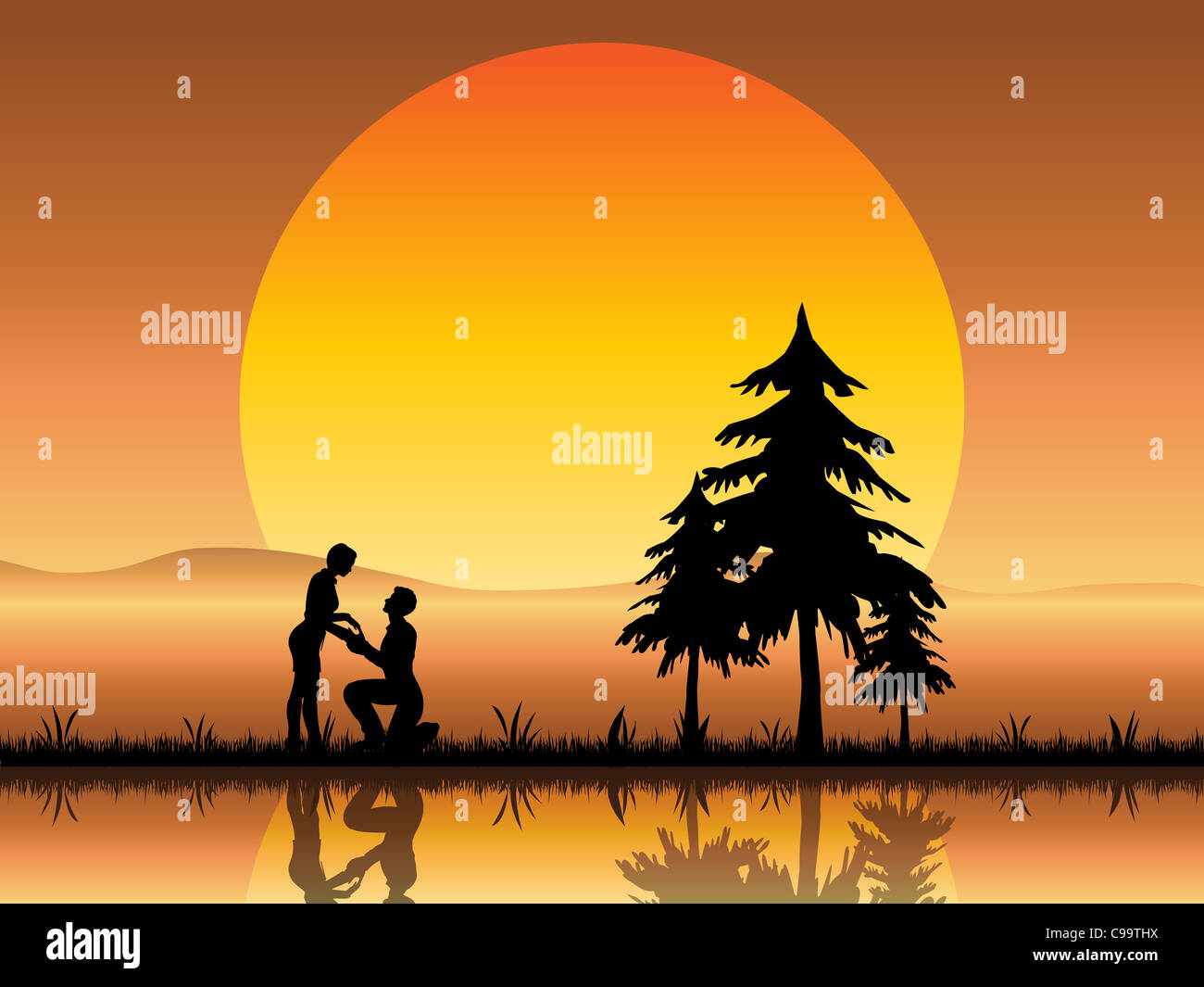 Eine romantische Silhouette eines jungen Liebespaares unter einem schönen orange Sonnenuntergang vorschlägt. Stockfoto