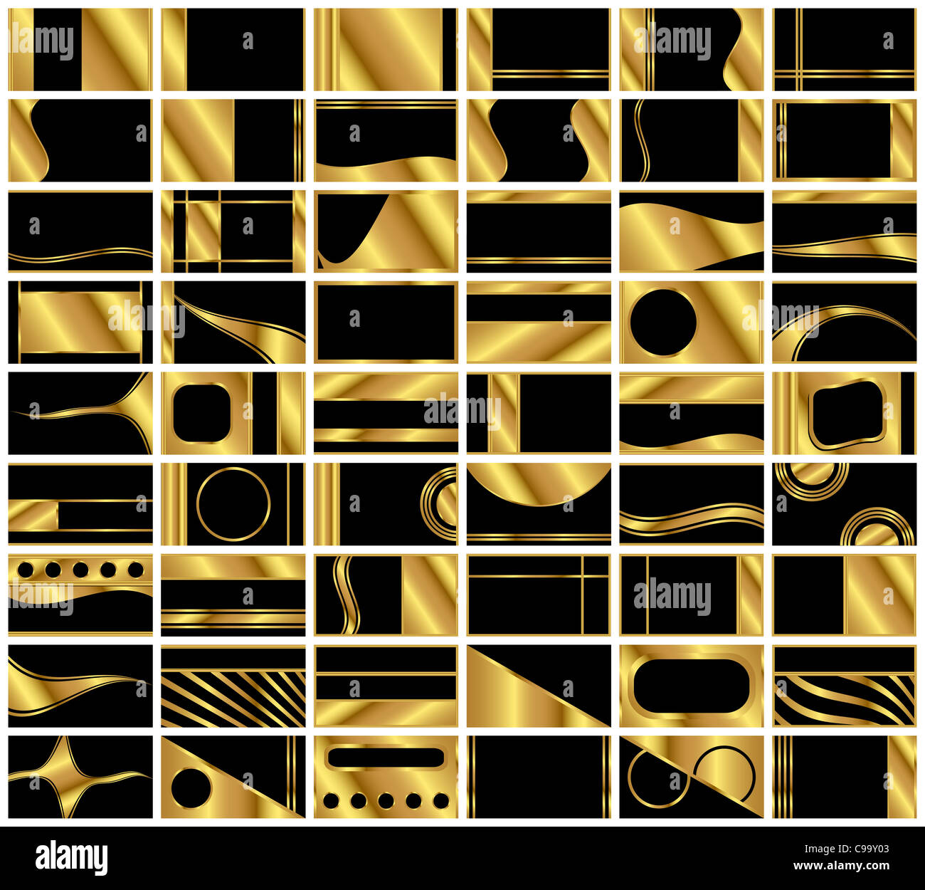 Eine große Sammlung von vierundfünfzig elegant, gold und schwarz Exekutive Stil Hintergrund Visitenkartenvorlagen. Stockfoto