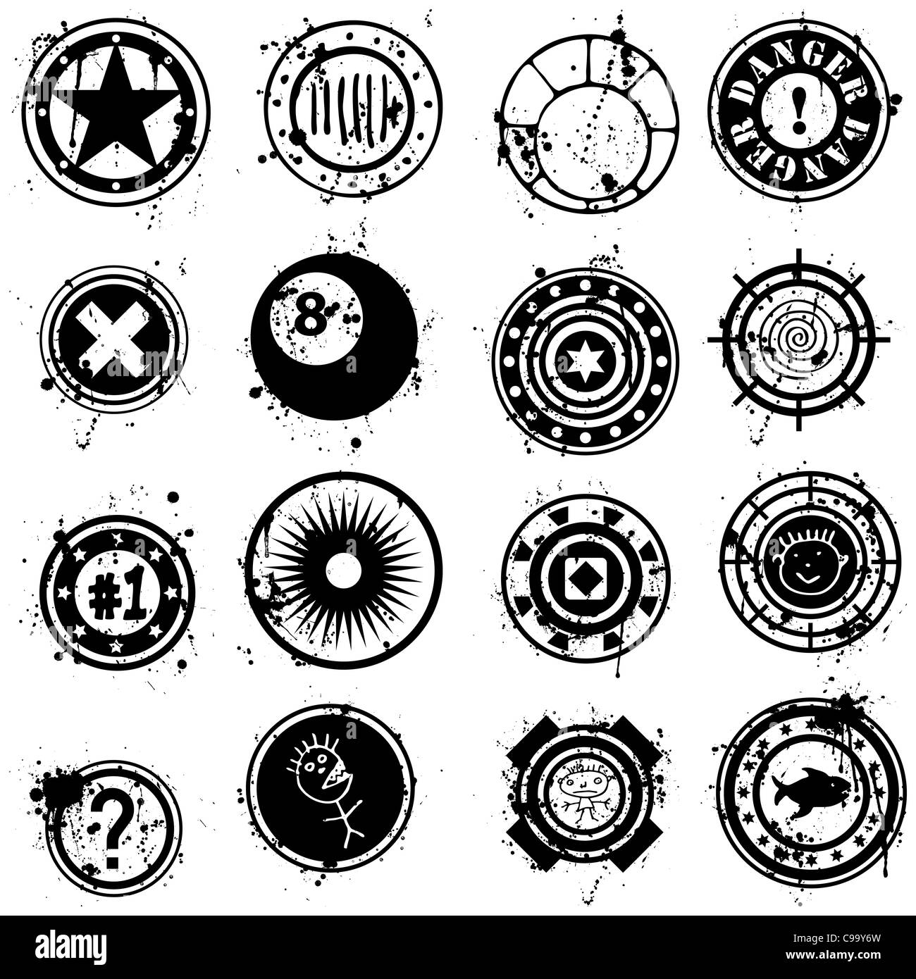 Eine Sammlung von detaillierten Grunge Stil Pinsel, Symbole oder Briefmarken Abbildungen. Stockfoto