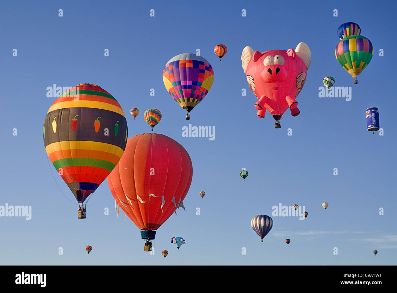 USA, New Mexico, Albuquerque, jährliche Ballon Fiesta, bunten Heißluftballons. Stockfoto