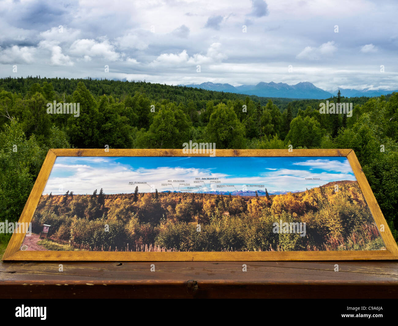 Drucken Sie zeigen ideale klare Sicht von Denali im McKinley Nationalpark vs. tatsächliche oft trübe Aussicht auf Berge. Stockfoto