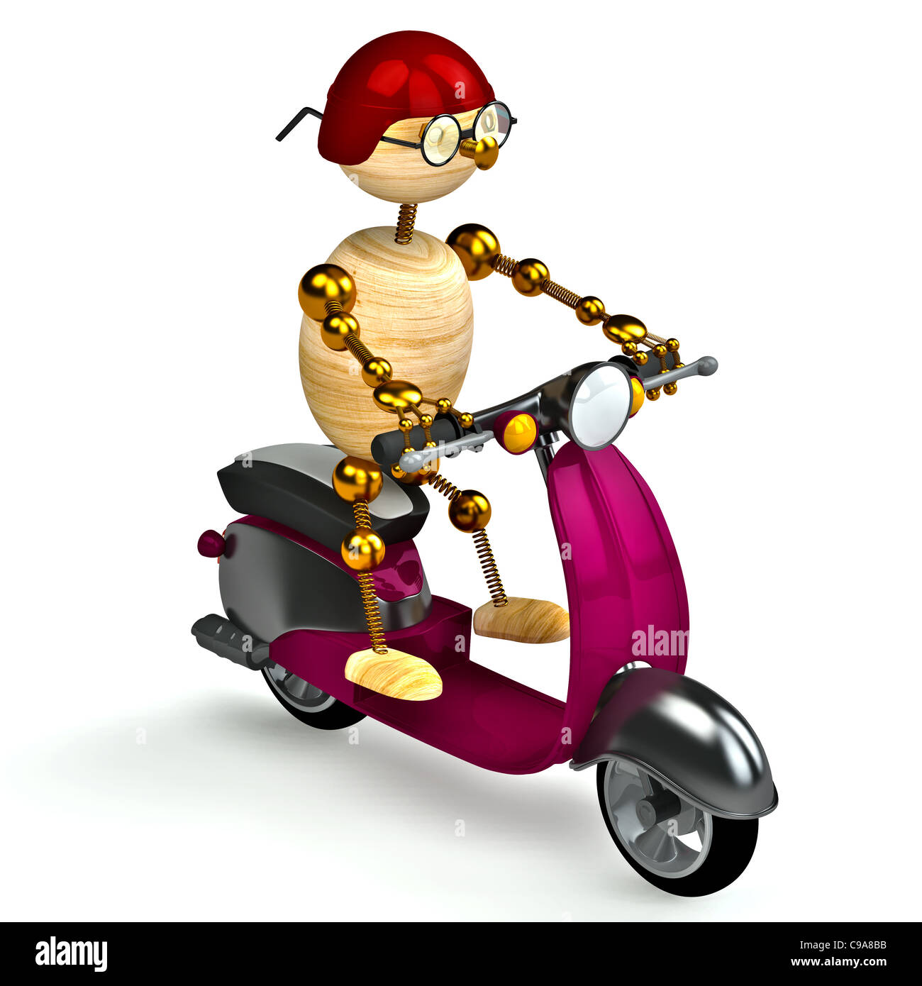 3D Holz Mann reitet auf Moped isoliert Stockfoto