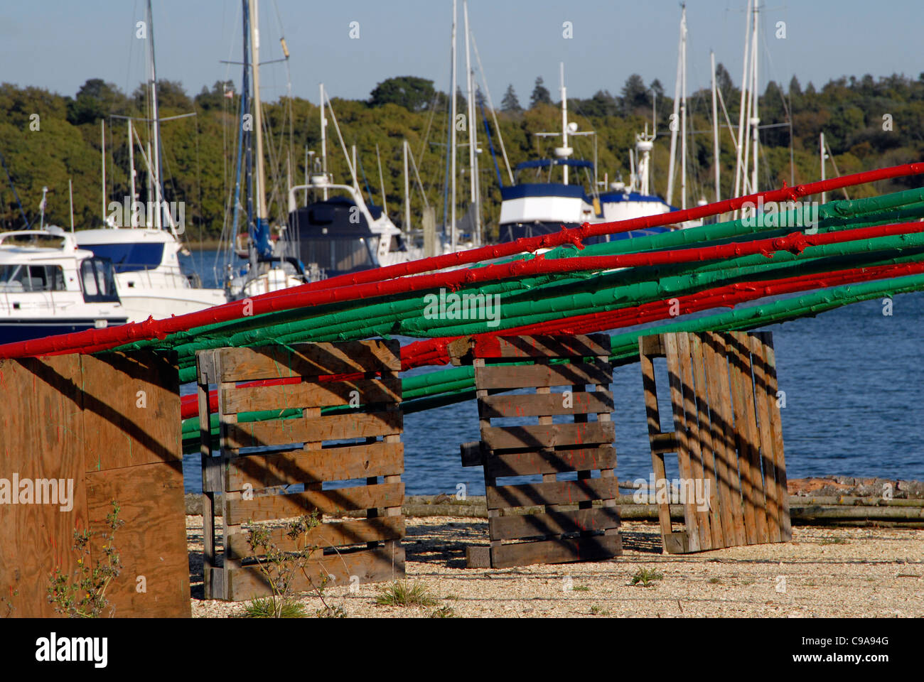 Bemalte Withies trocknen in der Sonne am Fluss Beaulieu in Hampshire, UK Stockfoto