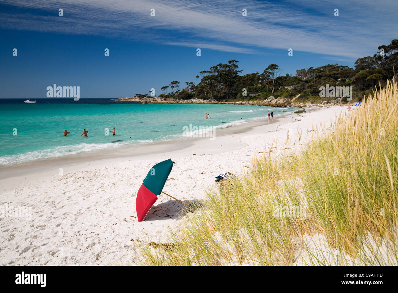 Sonnenschirm in Binnalong Bay - ein beliebter Badestrand in der Region Bay of Fires. St Helens, Tasmanien, Australien Stockfoto