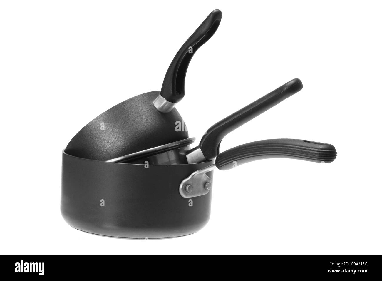 Stapel von Kochtöpfe Stockfoto