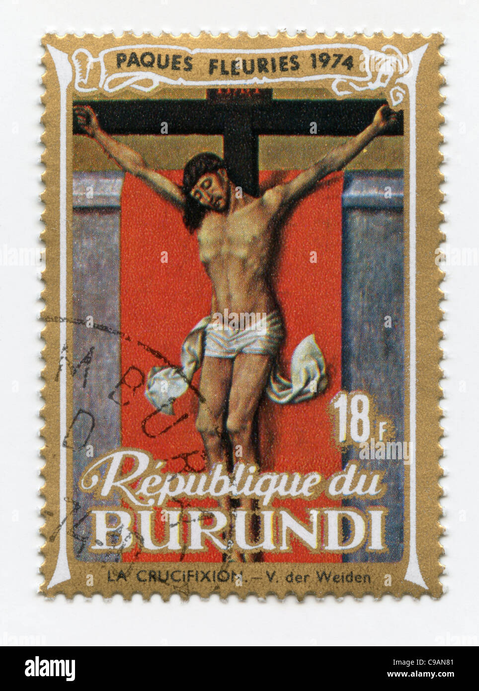 Burundi-Briefmarke - die Kreuzigung von Rogier van der Weyden 1399/1400-1464 Stockfoto