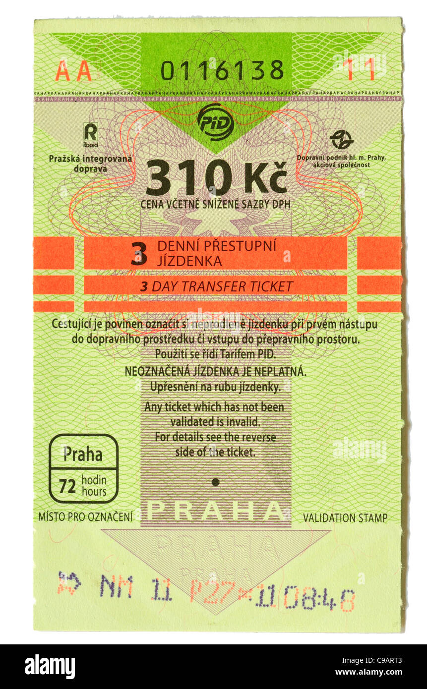 Prag Fahrkarten des öffentlichen Nahverkehrs, gültig für u-Bahn, Straßenbahnen und Busse. 3-Tages Ticket - 310 Kc Kronen (Preis richtig Winter 2011) Stockfoto