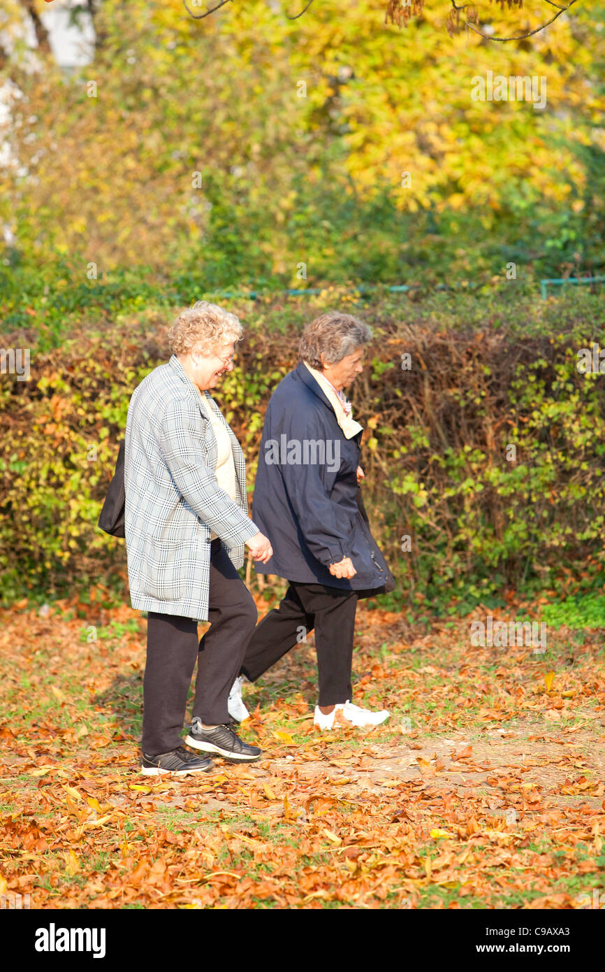 Zwei alte Damen haben im Herbst Spaziergang im Park. Stockfoto